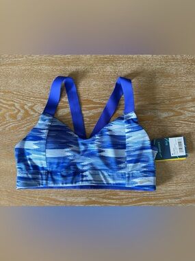 Brooks Blue Patterned sports bra with Royal Blue Straps